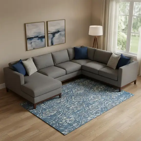 Blue And Gray Floral Washable Area Rug With UV Protection Photo 1