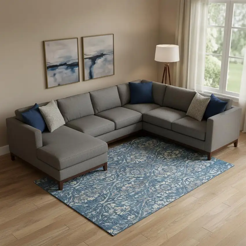 Blue And Gray Floral Washable Area Rug With UV Protection Photo 1