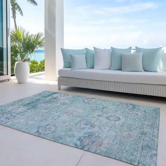 Blue And Gray Floral Washable Indoor Outdoor Area Rug Photo 8
