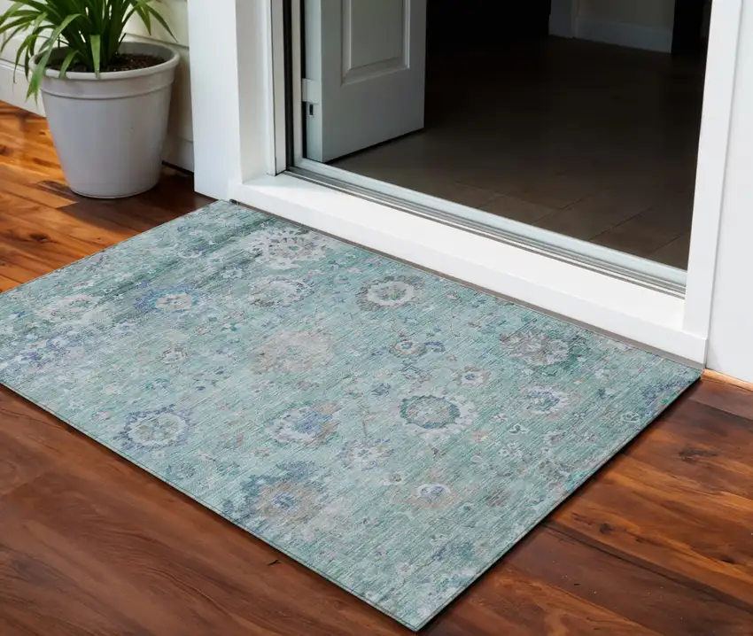 Blue And Gray Floral Washable Indoor Outdoor Area Rug Photo 1