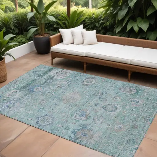 Blue And Gray Floral Washable Indoor Outdoor Area Rug Photo 1