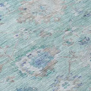 Photo of Blue And Gray Floral Washable Indoor Outdoor Area Rug