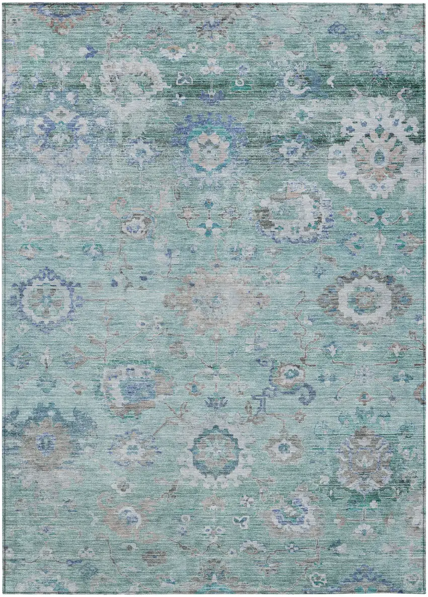 Blue And Gray Floral Washable Indoor Outdoor Area Rug Photo 2