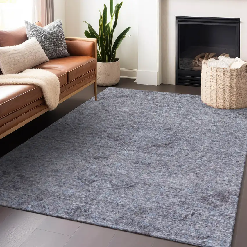 Blue And Gray Floral Washable Indoor Outdoor Area Rug Photo 8