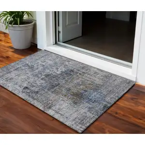Photo of Blue And Gray Floral Washable Indoor Outdoor Area Rug