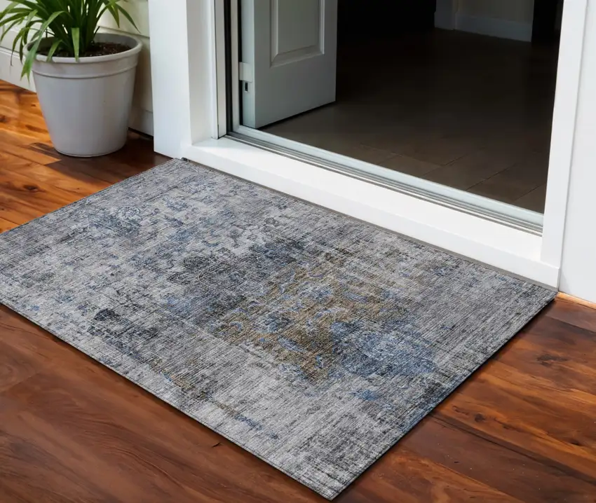 Blue And Gray Floral Washable Indoor Outdoor Area Rug Photo 1