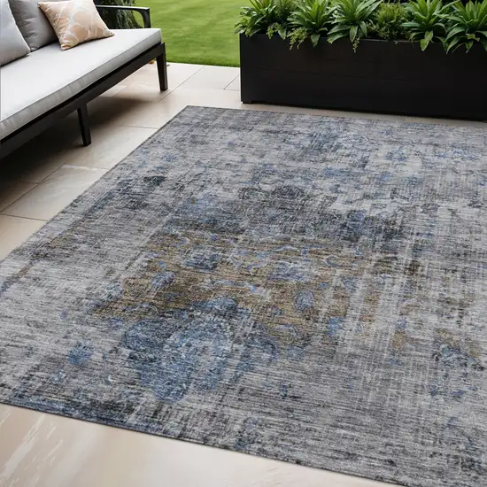 Blue And Gray Floral Washable Indoor Outdoor Area Rug Photo 1