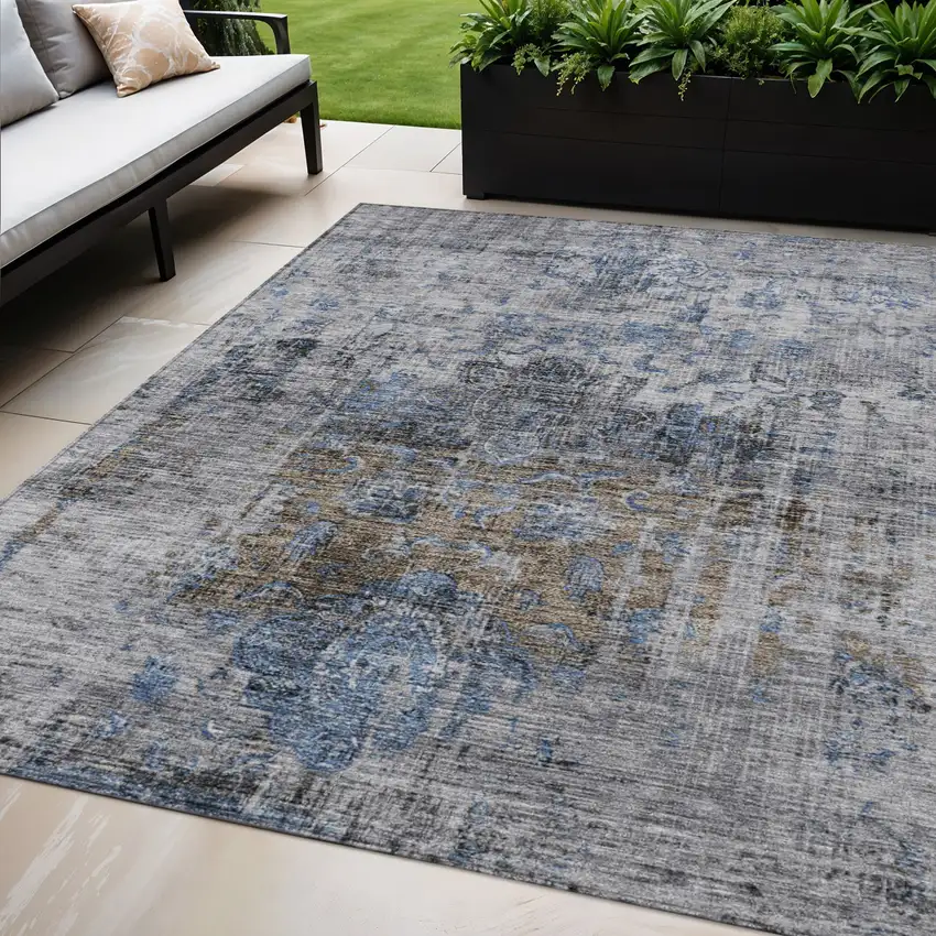 Blue And Gray Floral Washable Indoor Outdoor Area Rug Photo 1