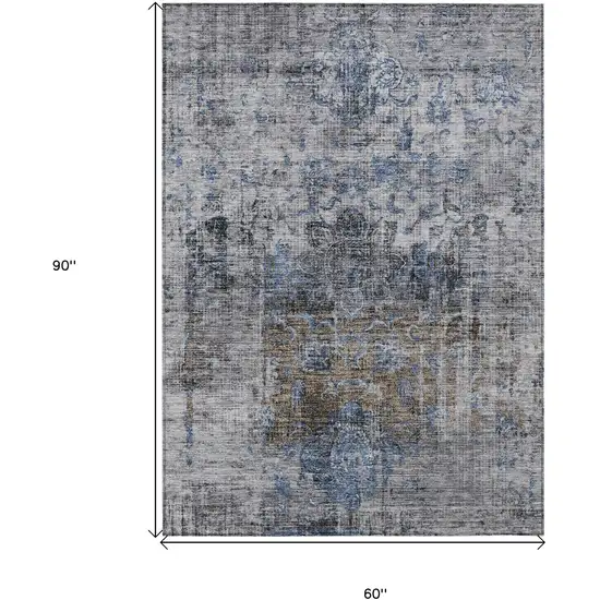 Blue And Gray Floral Washable Indoor Outdoor Area Rug Photo 7