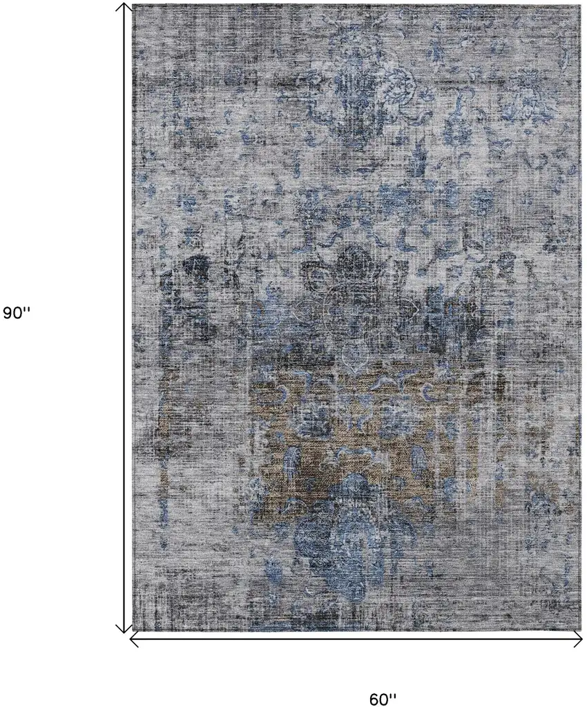 Blue And Gray Floral Washable Indoor Outdoor Area Rug Photo 7