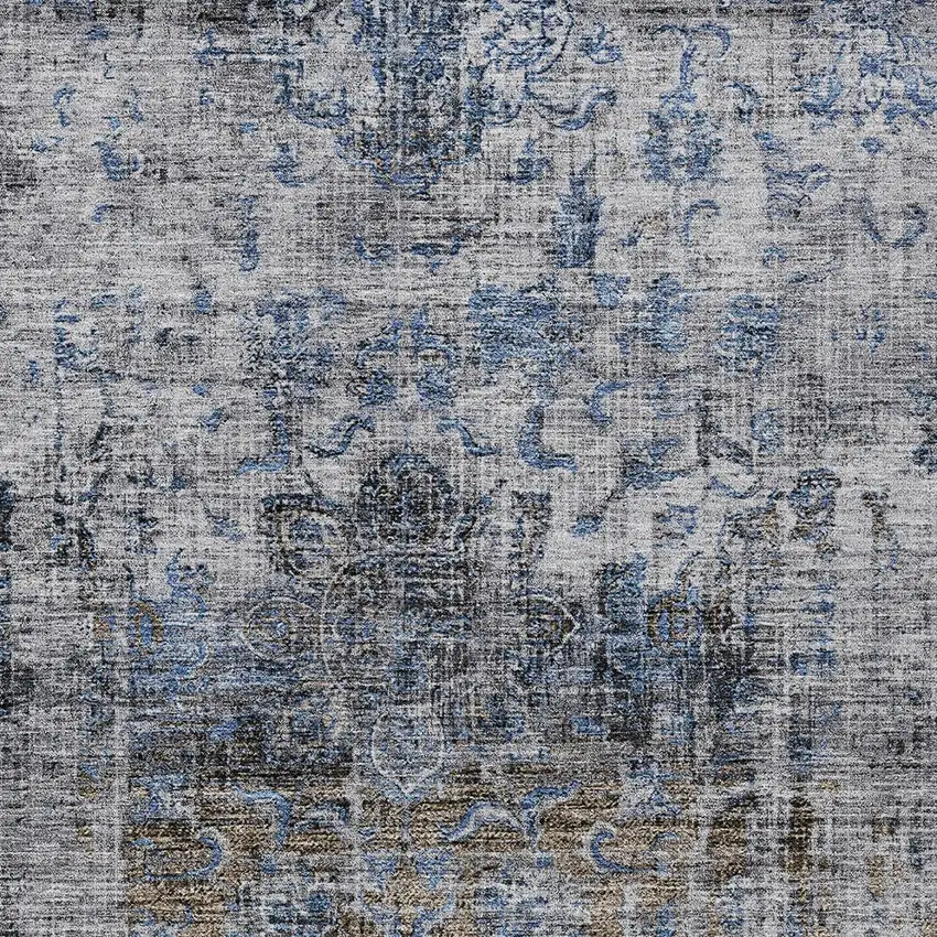 Blue And Gray Floral Washable Indoor Outdoor Area Rug Photo 5