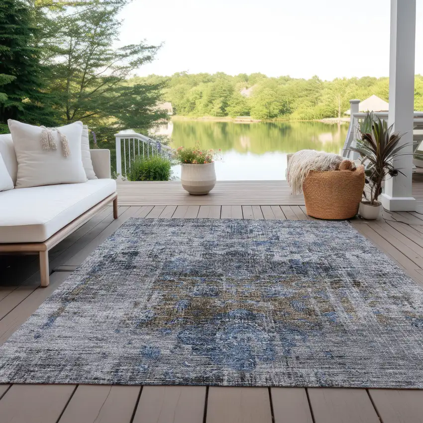 Blue And Gray Floral Washable Indoor Outdoor Area Rug Photo 7