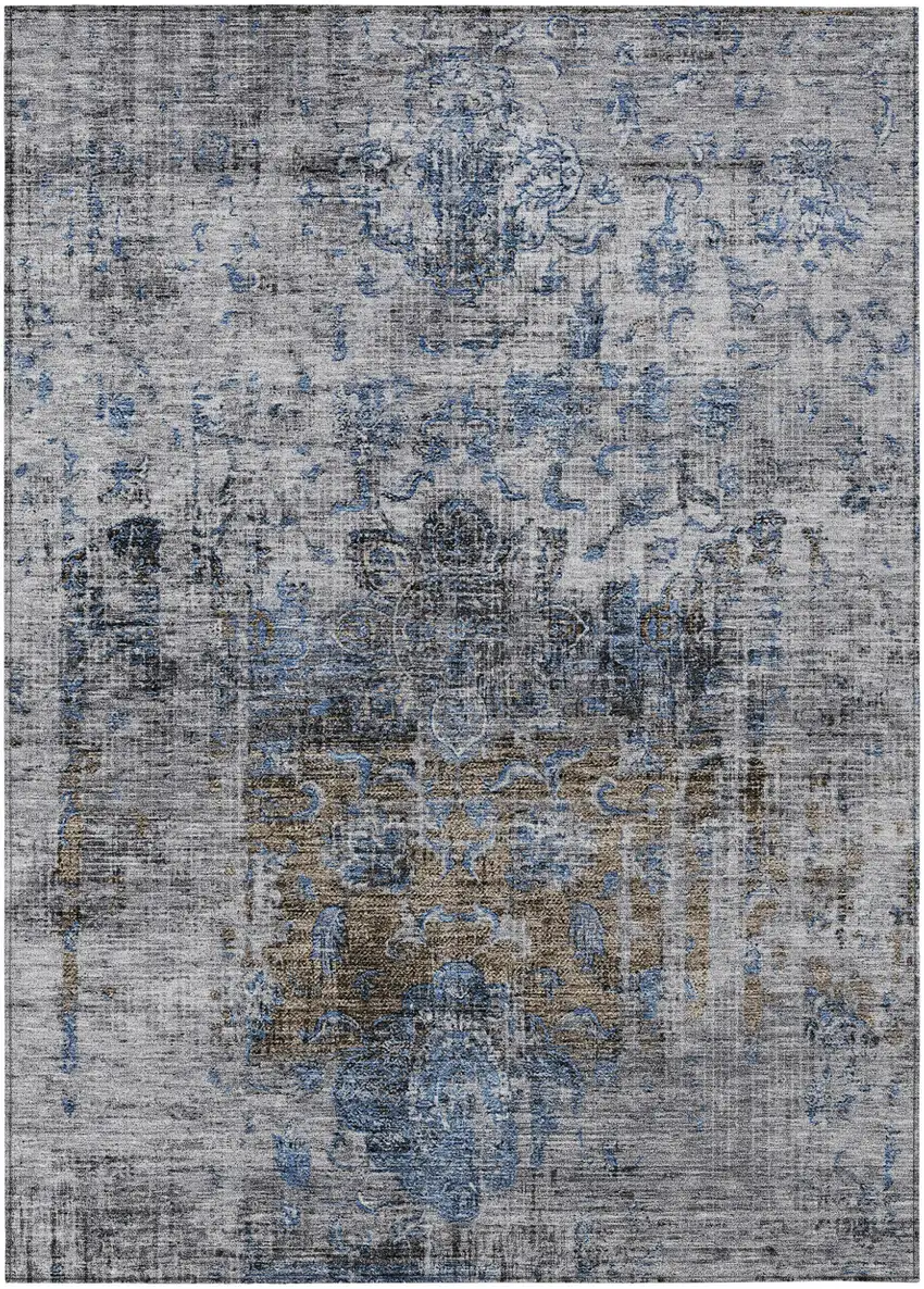 Blue And Gray Floral Washable Indoor Outdoor Area Rug Photo 2