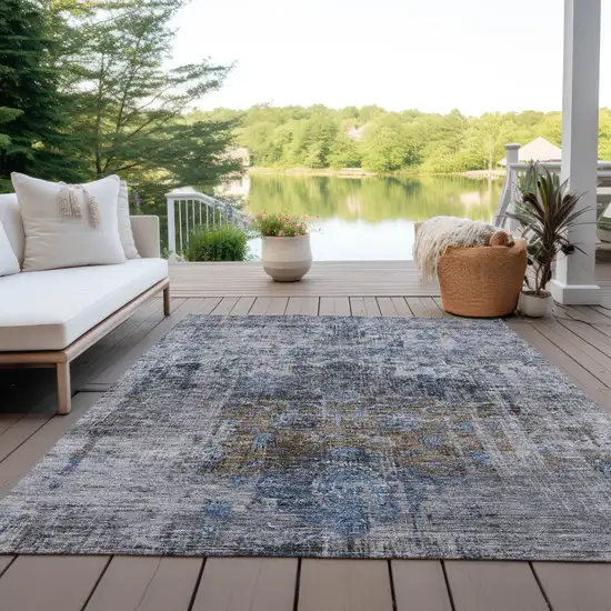 Blue And Gray Floral Washable Indoor Outdoor Area Rug Photo 7