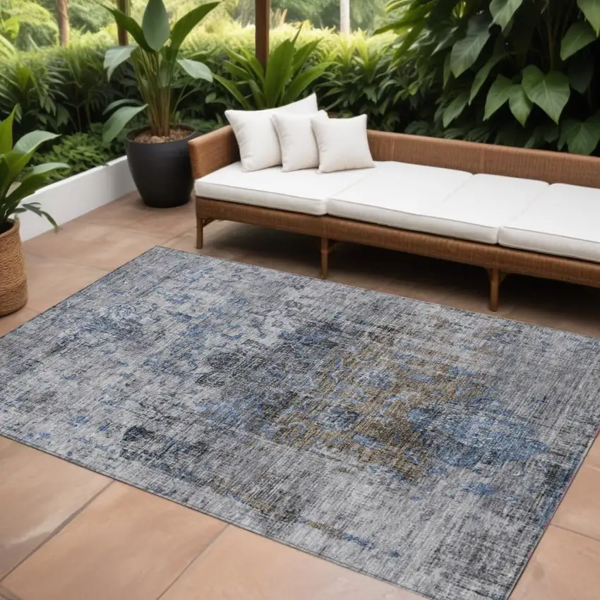Blue And Gray Floral Washable Indoor Outdoor Area Rug Photo 1