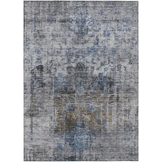 Blue And Gray Floral Washable Indoor Outdoor Area Rug Photo 2