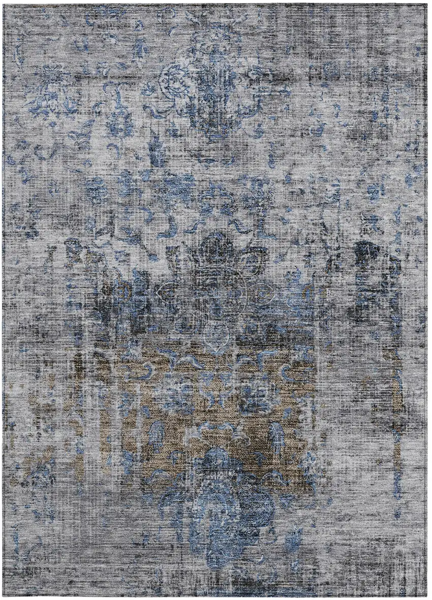 Blue And Gray Floral Washable Indoor Outdoor Area Rug Photo 6