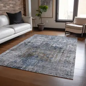 Photo of Blue And Gray Floral Washable Indoor Outdoor Area Rug