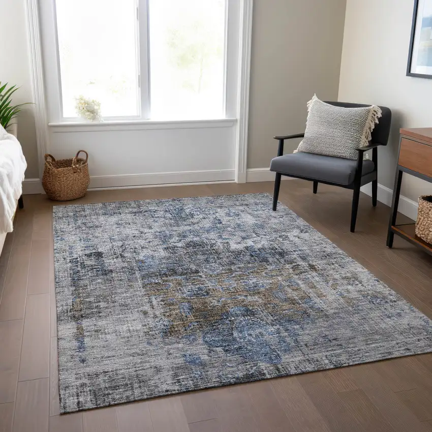 Blue And Gray Floral Washable Indoor Outdoor Area Rug Photo 9
