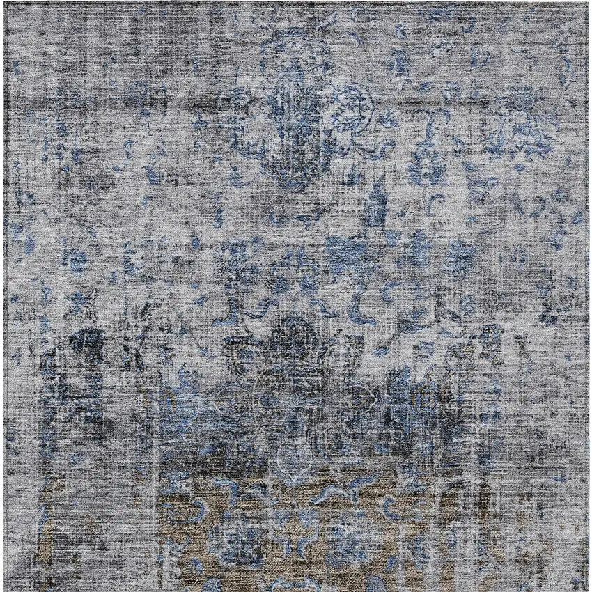 Blue And Gray Floral Washable Indoor Outdoor Area Rug Photo 5