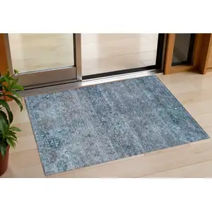 Photo of Blue And Gray Floral Washable Indoor Outdoor Area Rug