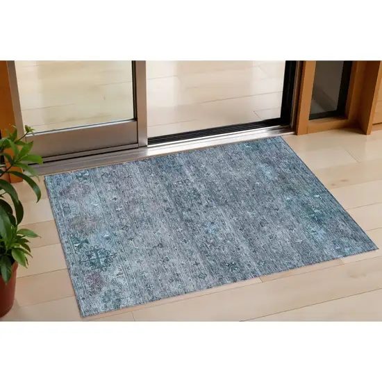 Blue And Gray Floral Washable Indoor Outdoor Area Rug Photo 1