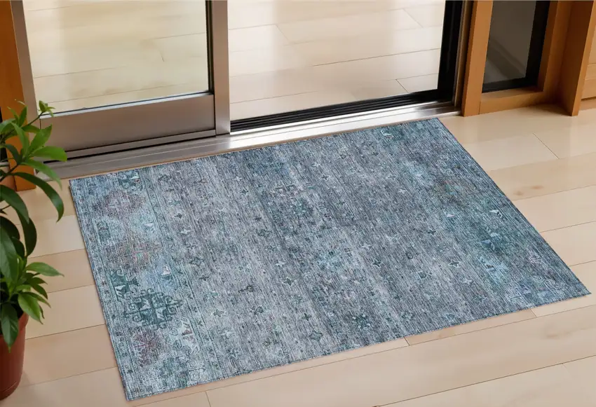 Blue And Gray Floral Washable Indoor Outdoor Area Rug Photo 1