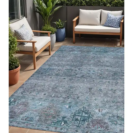 Blue And Gray Floral Washable Indoor Outdoor Area Rug Photo 1