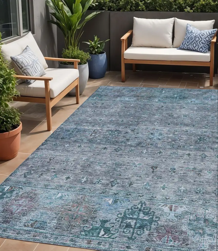 Blue And Gray Floral Washable Indoor Outdoor Area Rug Photo 1