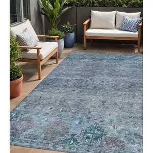 Photo of Blue And Gray Floral Washable Indoor Outdoor Area Rug