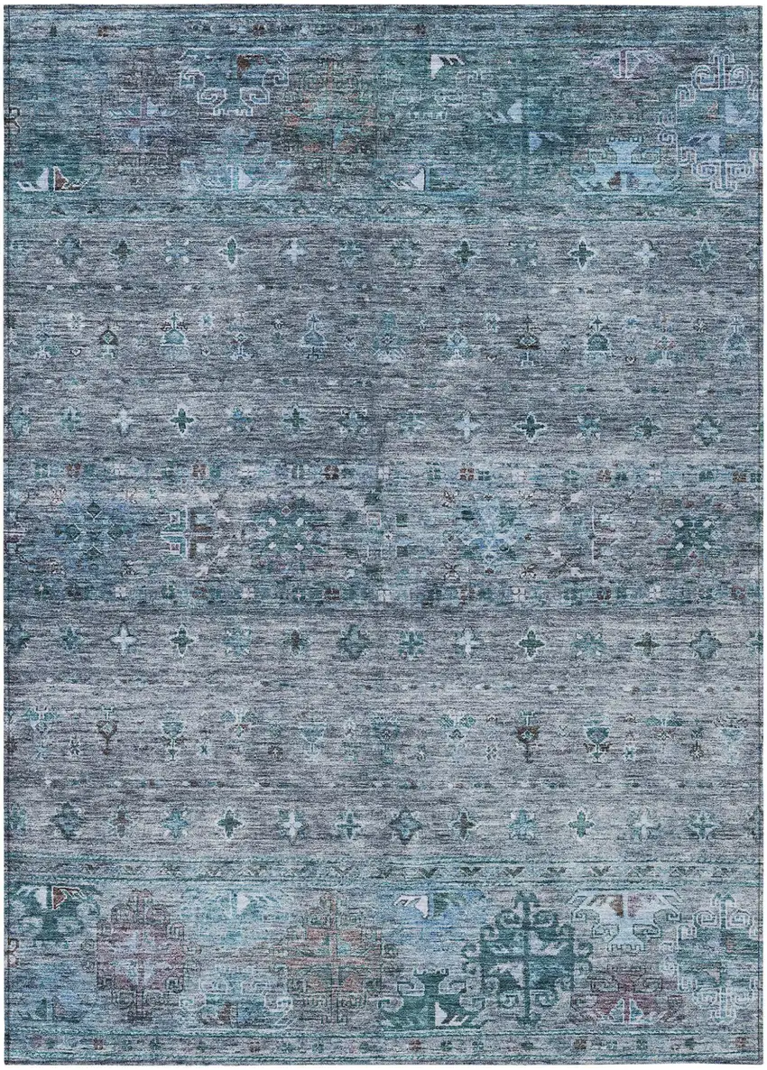 Blue And Gray Floral Washable Indoor Outdoor Area Rug Photo 2