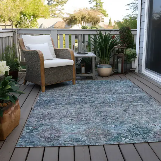 Blue And Gray Floral Washable Indoor Outdoor Area Rug Photo 8