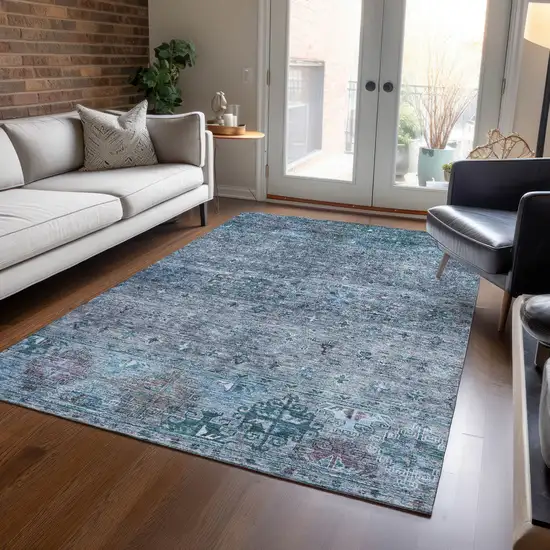Blue And Gray Floral Washable Indoor Outdoor Area Rug Photo 9