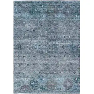 Photo of Blue And Gray Floral Washable Indoor Outdoor Area Rug