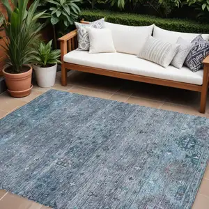 Photo of Blue And Gray Floral Washable Indoor Outdoor Area Rug