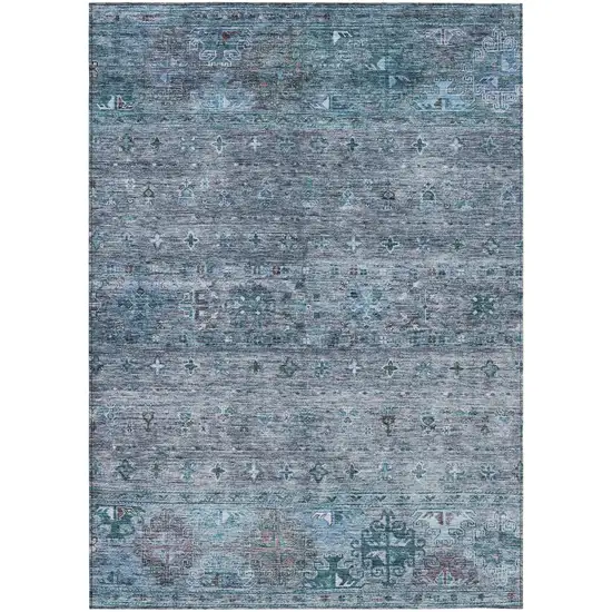 Blue And Gray Floral Washable Indoor Outdoor Area Rug Photo 2