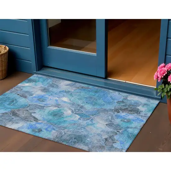 Blue And Gray Floral Washable Indoor Outdoor Area Rug Photo 2