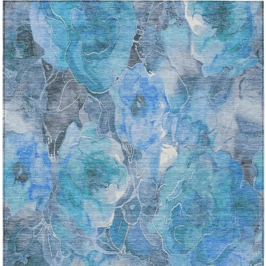 Blue And Gray Floral Washable Indoor Outdoor Area Rug Photo 7