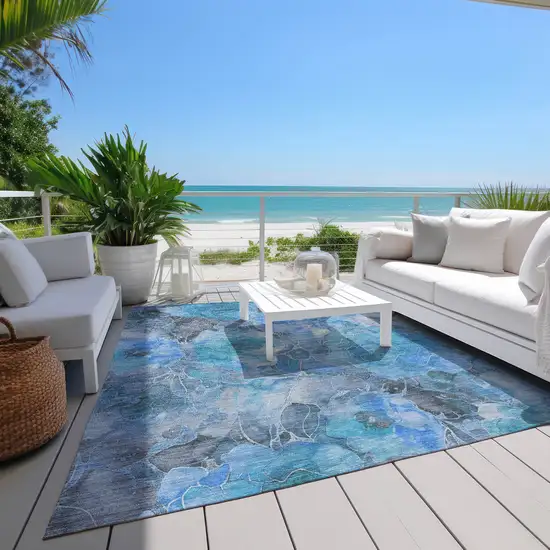 Blue And Gray Floral Washable Indoor Outdoor Area Rug Photo 7