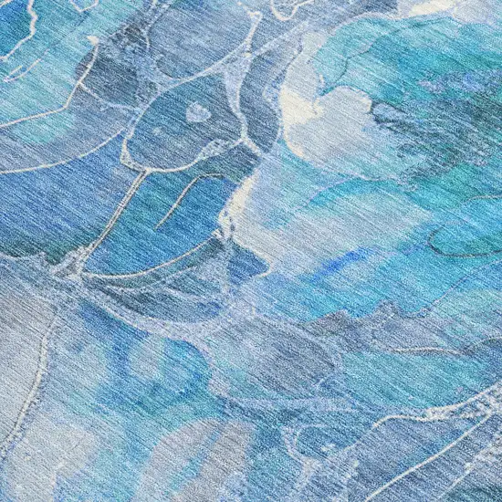 Blue And Gray Floral Washable Indoor Outdoor Area Rug Photo 3