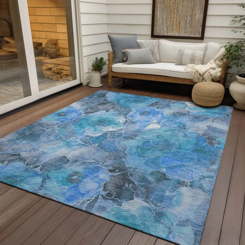 Blue And Gray Floral Washable Indoor Outdoor Area Rug Photo 4
