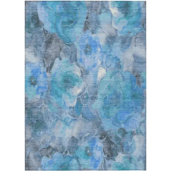Blue And Gray Floral Washable Indoor Outdoor Area Rug Photo 8