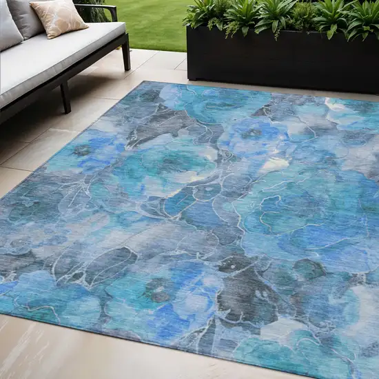 Blue And Gray Floral Washable Indoor Outdoor Area Rug Photo 2