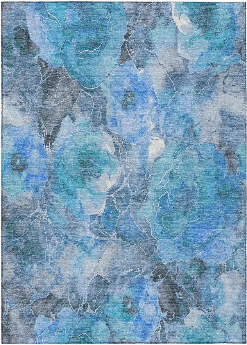 Blue And Gray Floral Washable Indoor Outdoor Area Rug Photo 7