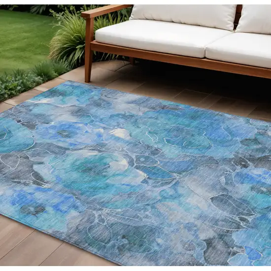 Blue And Gray Floral Washable Indoor Outdoor Area Rug Photo 2