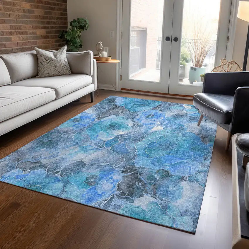 Blue And Gray Floral Washable Indoor Outdoor Area Rug Photo 4