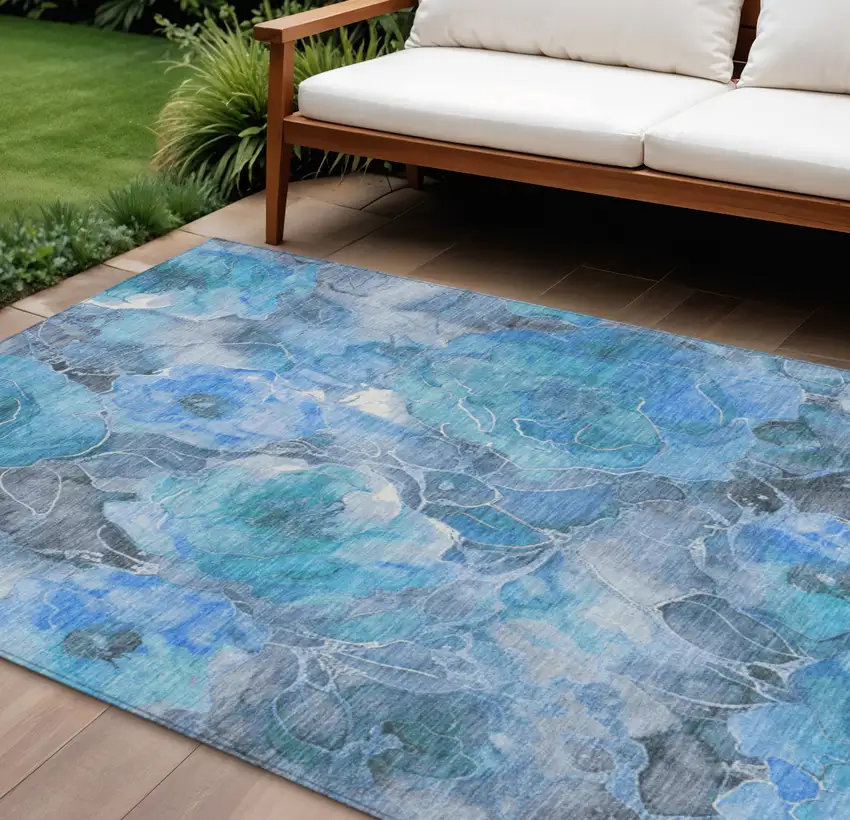 Blue And Gray Floral Washable Indoor Outdoor Area Rug Photo 2
