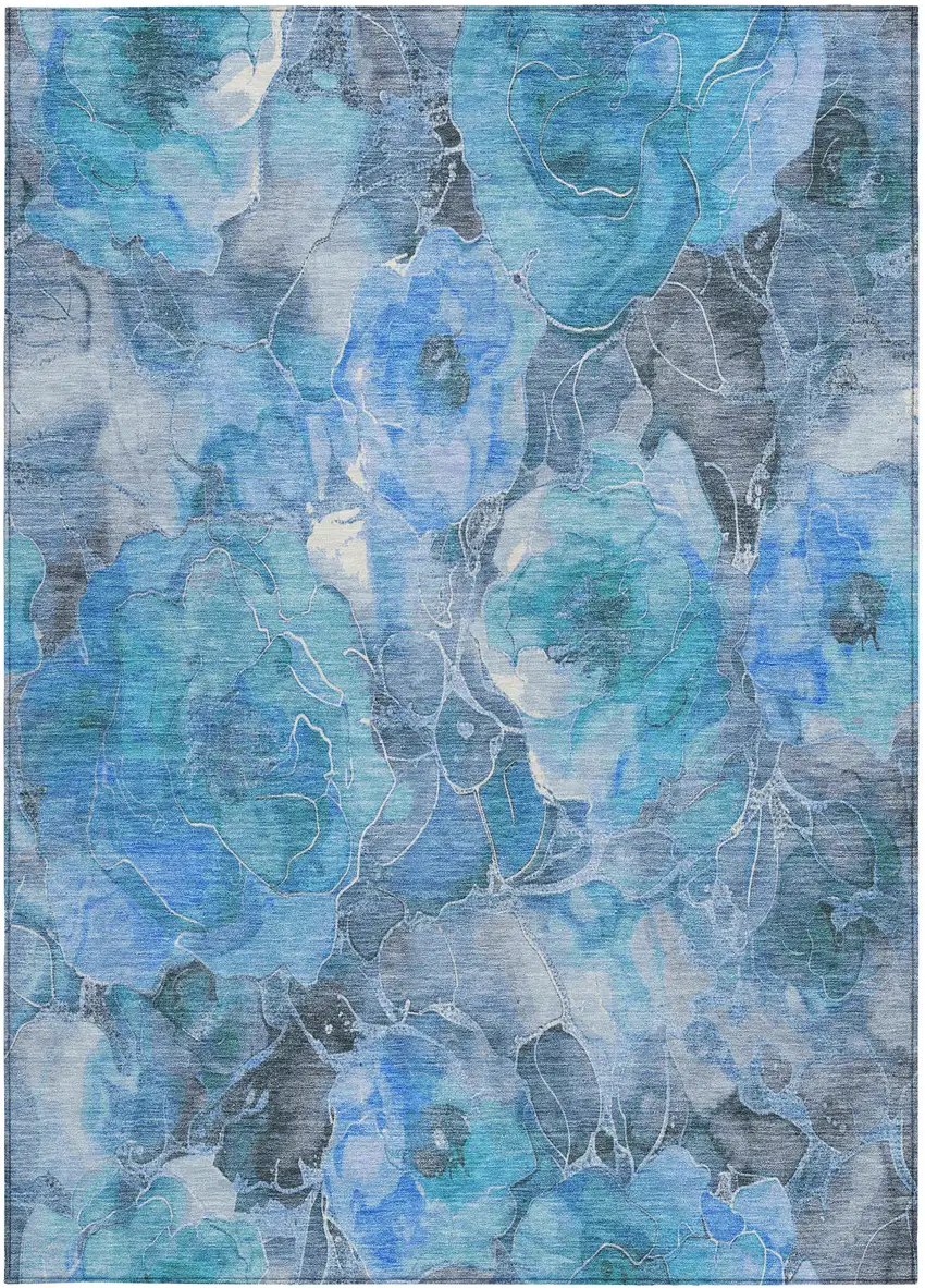 Blue And Gray Floral Washable Indoor Outdoor Area Rug Photo 8