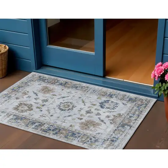 Blue And Gray Floral Washable Indoor Outdoor Area Rug Photo 2