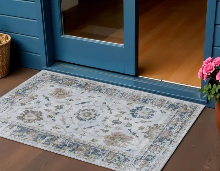 Blue And Gray Floral Washable Indoor Outdoor Area Rug Photo 2